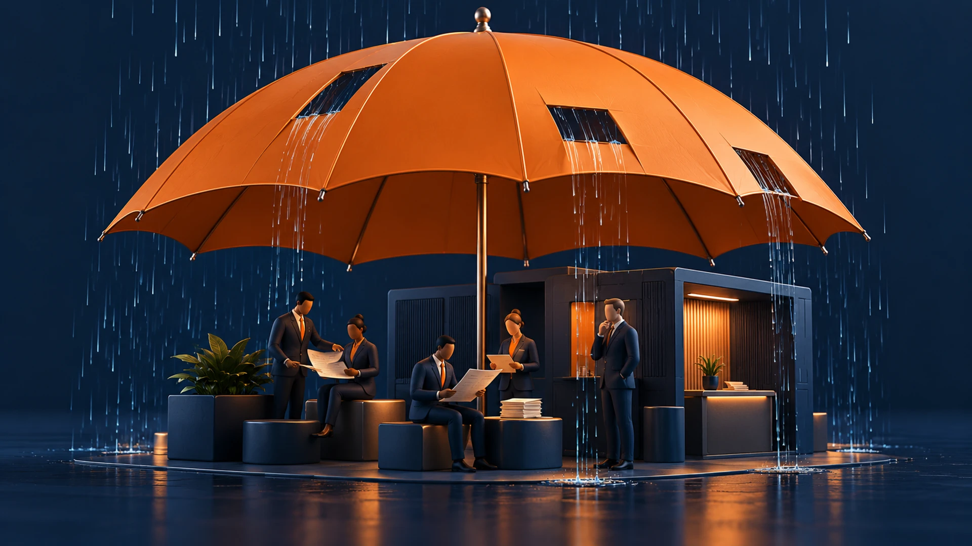 Ilustração 3D de um guarda-chuva laranja com aberturas sobre um grupo na chuva, representando lacunas de proteção em seguros.