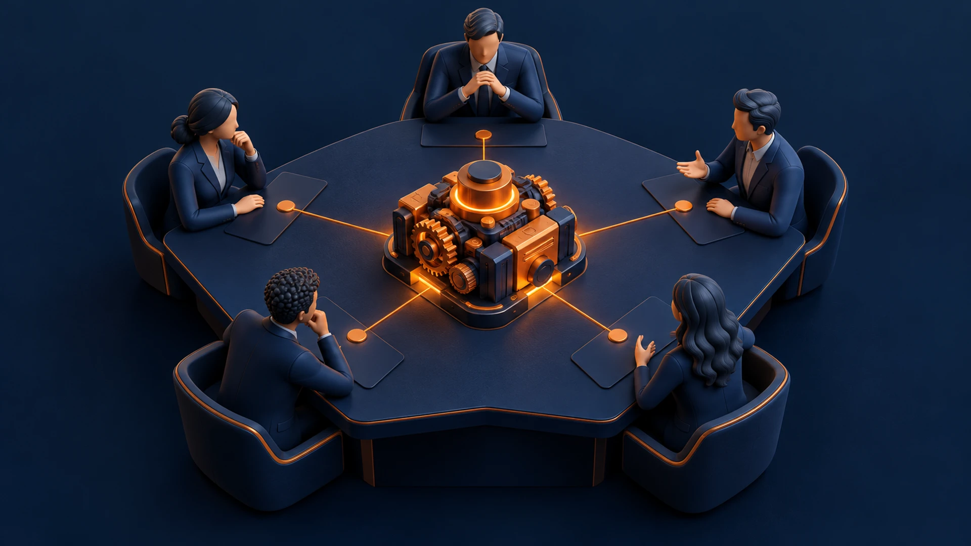 Ilustración 3D de cinco líderes alrededor de un motor modular naranja, que representa decisiones compartidas y operaciones de seguros gobernadas.